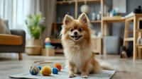 Small fluffy tan and white dog with toys on living room floor, ready for playtime and pet care content.