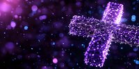 Glowing purple cross made of connected dots and lines on dark background with bokeh effects and light particles, spiritual technology concept for faith designs.