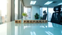 Be prepared for readiness and success with this modern office setting featuring motivational wooden letter blocks on a glass desk, contemporary workspace with city skyline views, and professional environment for business planning and corporate messaging.