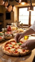 Chef hands adding fresh basil to homemade pizza in rustic kitchen with copper pots and ingredient bowls for authentic Italian cooking experience.