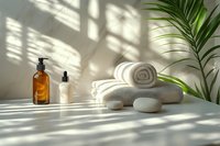 Spa composition with white rolled towels, massage stones, amber glass bottle, and palm leaf in natural sunlight with window shadows on white surface.