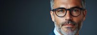 Confident mature Caucasian businessman with gray hair, beard and glasses looking at camera against dark background. Professional corporate portrait.