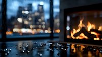 Cozy winter evening atmosphere with fireplace flames and rain drops on window, city lights bokeh in background creating romantic ambiance.