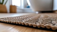 Macro shot of brown woven bamboo placemat texture on wooden table surface with soft natural lighting, showing intricate weaving pattern and natural material detail.