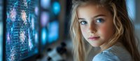Young Caucasian girl with blue eyes looks at glowing digital screens, exploring technology and future STEM education concepts.