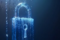 Digital padlock with glowing blue particles and binary code streams representing cybersecurity, data protection, and digital encryption technology in dark background.