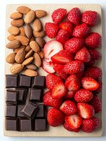 Fresh strawberries, almonds and dark chocolate arranged on wooden cutting board for healthy snacking and cooking ingredients.