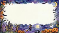 Halloween watercolor border frame with witch, pumpkins, bats, ghost, haunted house, spider web, and crescent moon on white background.