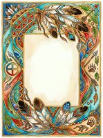 Ornamental feather frame with art nouveau botanical border design, featuring intricate geometric patterns and decorative elements in turquoise, gold, and coral tones on cream background. Isolated frame ready for invitations, certificates, and design projects.