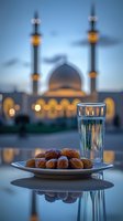 Fresh dates and water glass for iftar meal with illuminated mosque in background during evening twilight, creating spiritual Ramadan atmosphere.