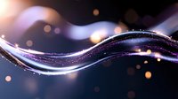 Glowing purple and white waves flow across dark background with golden bokeh lights creating magical ethereal effect. Elegant design element for luxury branding.