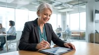Smiling senior Caucasian businesswoman using digital tablet in modern office, reviewing charts and data with colleagues in background.