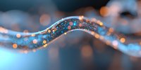 Abstract flowing wave with glowing golden particles and bokeh lights against blue background creates magical atmospheric effect. Suitable for luxury designs.