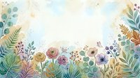 Watercolor floral border with botanical elements, wildflowers, and foliage in soft pastel tones on white background, suitable for invitations and design projects.