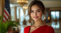 Young professional woman in red dress smiling confidently against American flag background. Soft lighting and elegant interior setting create warm, welcoming business atmosphere.