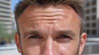 Close-up portrait of Caucasian man with short brown hair and blue eyes against urban background, suitable for business or lifestyle content.