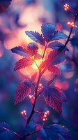 Serrated leaves silhouetted against glowing sunset with red berries and bokeh lights creating magical forest atmosphere in purple and orange tones.