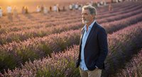 Mature Caucasian businessman in navy blazer standing confidently in blooming lavender field during golden hour sunset for corporate lifestyle photography.
