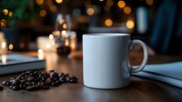White ceramic coffee mug on wooden table with roasted coffee beans and blurred bokeh lights in background creating cozy atmosphere for morning ritual.
