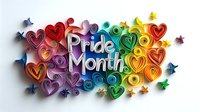 Colorful paper art composition with Pride Month text surrounded by rainbow-colored quilled hearts and stars on white background, suitable for LGBTQ+ celebration designs.