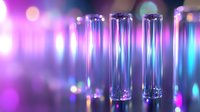 Glass test tubes in laboratory with vibrant purple and blue bokeh background lighting create scientific research atmosphere for medical studies and experiments.