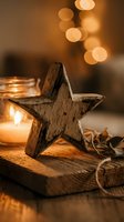 Rustic wooden star decoration with warm candle light and golden bokeh creating cozy holiday atmosphere on textured wood surface for seasonal home decor.