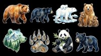 Watercolor bear clipart set with grizzly, black bear, polar bear, panda, and cubs, isolated on transparent background, ready for stickers, t-shirt design, and print on demand.