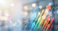 Colorful upward trending arrows with glowing bokeh lights representing business growth, financial success, and market progress on blurred background.
