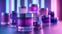 Luxury purple cosmetic jars and bottles collection with metallic caps on gradient background for premium skincare and beauty product packaging design.