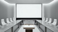 Modern conference room with white chairs lining long table, blank projection screen on wall, minimalist design for corporate meetings and business presentations.
