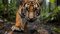 Young Bengal tiger crouching in jungle setting with intense gaze and focused expression, showing detailed facial features against natural forest background.