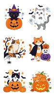 Cute cats celebrating autumn holidays with pumpkins, ghosts, bats, and festive decorations. Isolated clipart set ready for greeting cards, t-shirts, and seasonal designs.