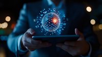 Digital hologram sphere with glowing data elements floating above smartphone screen held by business person in dark environment with bokeh lights in background.
