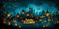 Mystical Halloween night panorama with glowing windows in haunted castle silhouette against starry dark sky, flying bats and spooky illuminated houses in misty forest.