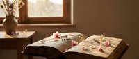 Open vintage book with dried flowers and petals scattered on pages in warm sunlight streaming through window creating nostalgic reading atmosphere.
