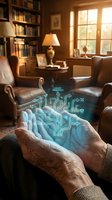 Elderly hands holding glowing digital circuit board hologram in cozy home library with warm sunlight streaming through windows creating futuristic technology concept.
