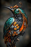 Ornate metalwork bird brooch featuring emerald and amber crystals with intricate black filigree details and scrollwork. Vintage-inspired jewelry piece on dark background.