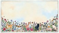 Watercolor floral border frame with cute cats sitting among blooming flowers and plants on textured paper background for greeting cards and invitations.