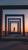 Silhouette of male figure framed by geometric archways at sunset, creating dramatic perspective with orange sky and shadows on sandy ground. For modern art prints.