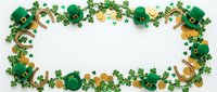 St. Patrick's Day festive border frame with green leprechaun hats, gold coins, horseshoes and shamrock clover leaves on white background for holiday design.