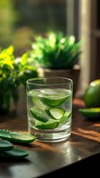 Fresh cucumber water in glass with ice cubes on wooden table, natural sunlight through window, green plants background. Refreshing summer drink.