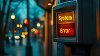 Red system error message displayed on electronic device screen against blurred urban nighttime background with bokeh lights and moody teal atmosphere.