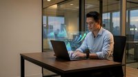 Asian businessman working late on laptop in modern office with city view analyzing financial data and digital charts for business strategy planning.