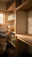 Woman organizing wooden pantry shelves with jars and bottles in modern kitchen storage room with natural sunlight streaming through window.