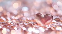Pink heart shape on glittering rose gold background with soft bokeh lights and sparkles creating romantic festive atmosphere for valentines day or wedding design.