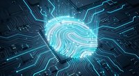 Digital fingerprint glowing on futuristic circuit board background with blue neon lights for cybersecurity and biometric authentication technology concepts.