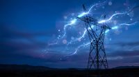 High voltage electrical transmission tower with lightning strikes and energy effects against dramatic blue twilight sky for power grid concepts.