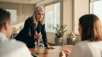 Senior female executive with white hair leading business meeting with diverse team in modern office conference room with natural lighting.