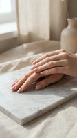Woman hands resting on marble surface in soft natural light creating peaceful spa atmosphere for skincare and wellness concepts.