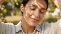 Young woman with East Asian ethnicity enjoying peaceful moment outdoors in natural sunlight, wearing casual beige shirt, eyes closed with serene expression in garden setting.
